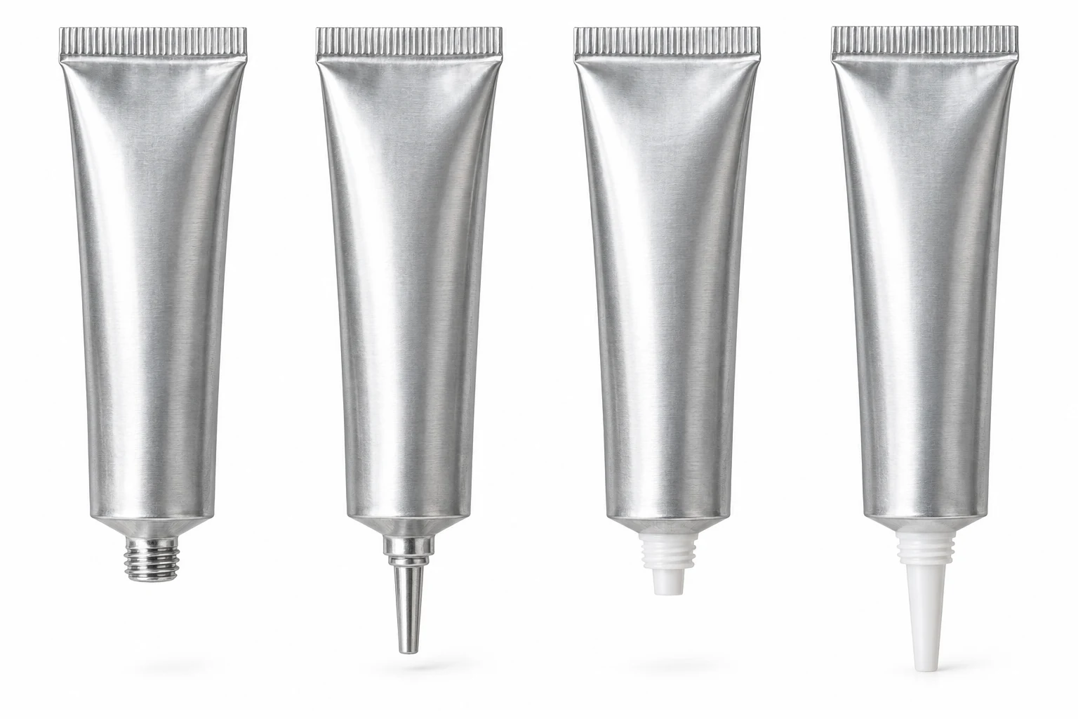 Four inverted aluminum tube styles with crimped tails up and dispensing nozzles down