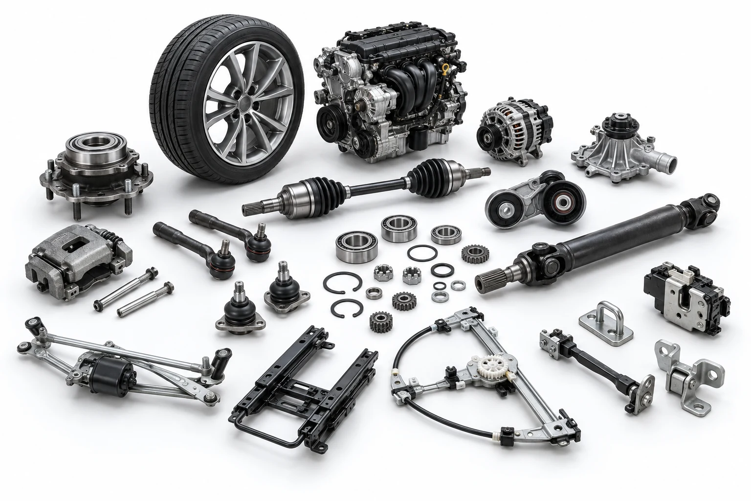 Automotive components including wheel hubs, brake caliper, bearings, driveshafts, seat rails and window mechanisms