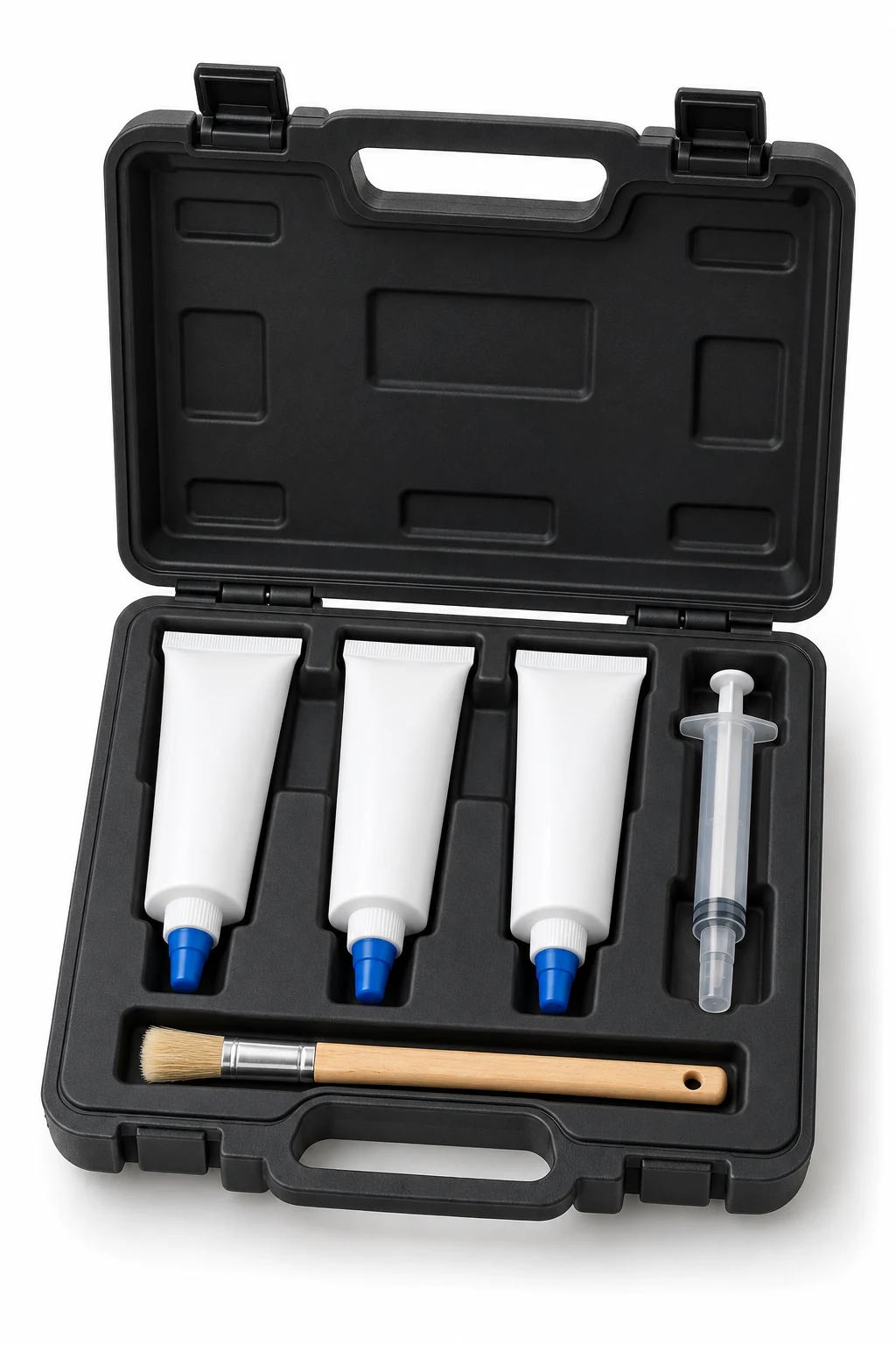 Automotive Service Kit with individually closed lubricant containers in a fitted case