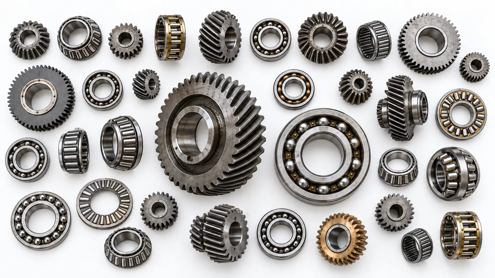 Collection of ball bearings, roller bearings and metal gears on a white background