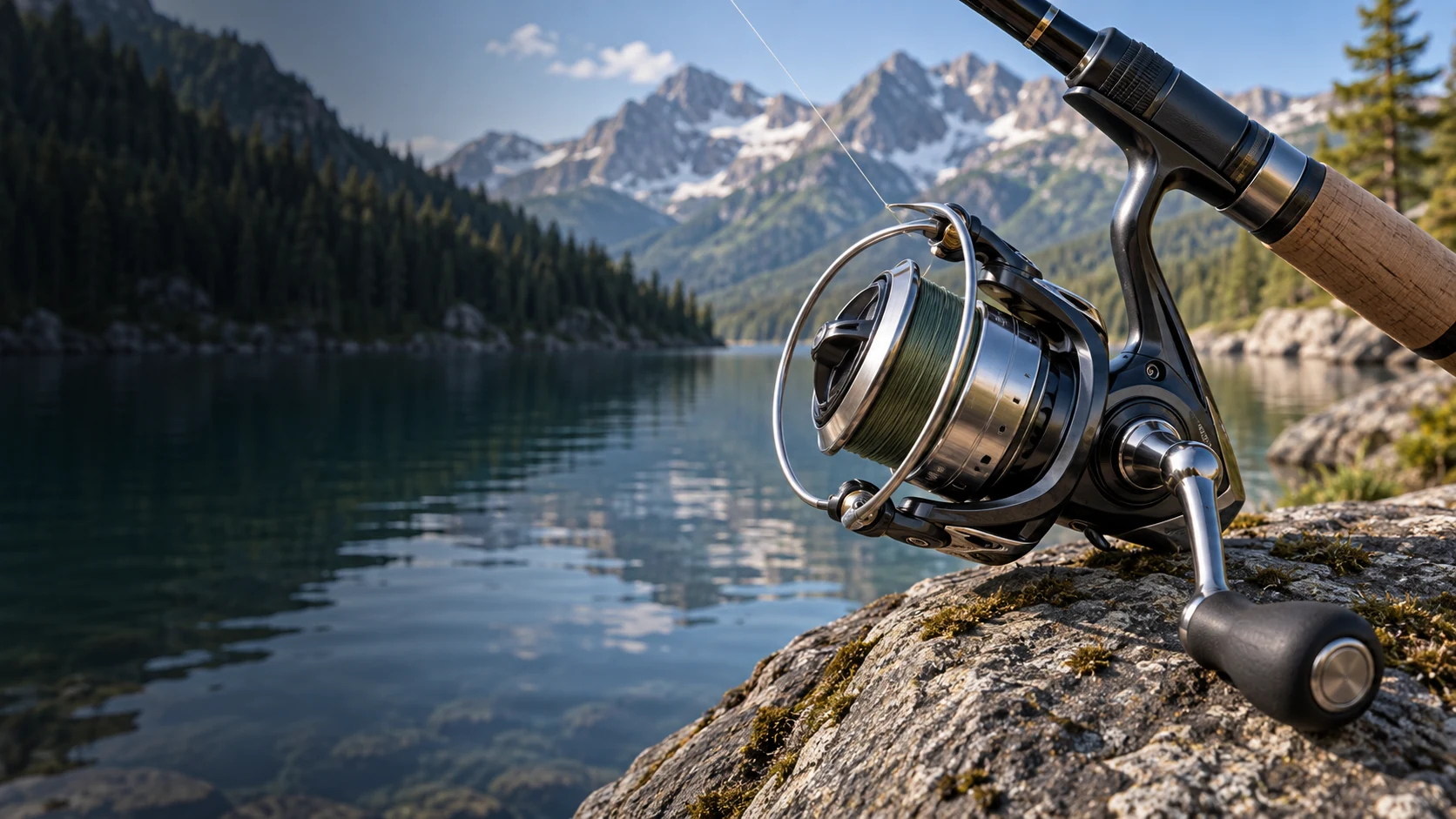 Spinning fishing reel on a rod beside a mountain lake
