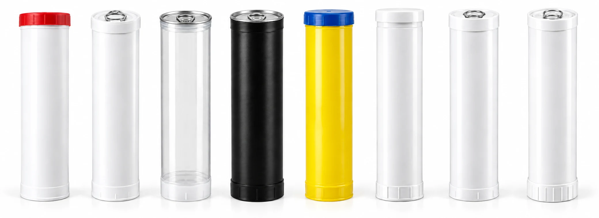 Eight grease cartridge packaging formats arranged in one row