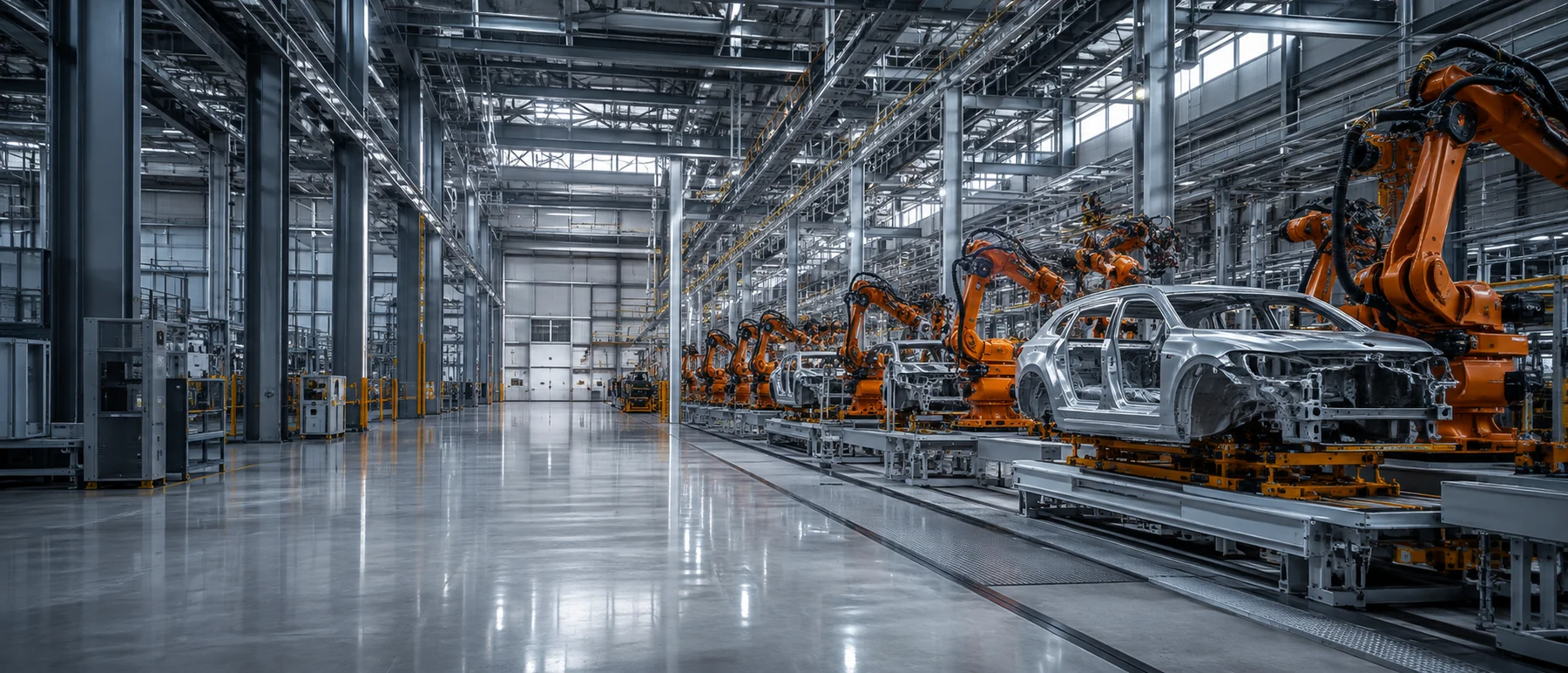 Modern automotive assembly hall with robotic equipment, a conceptual industry scene
