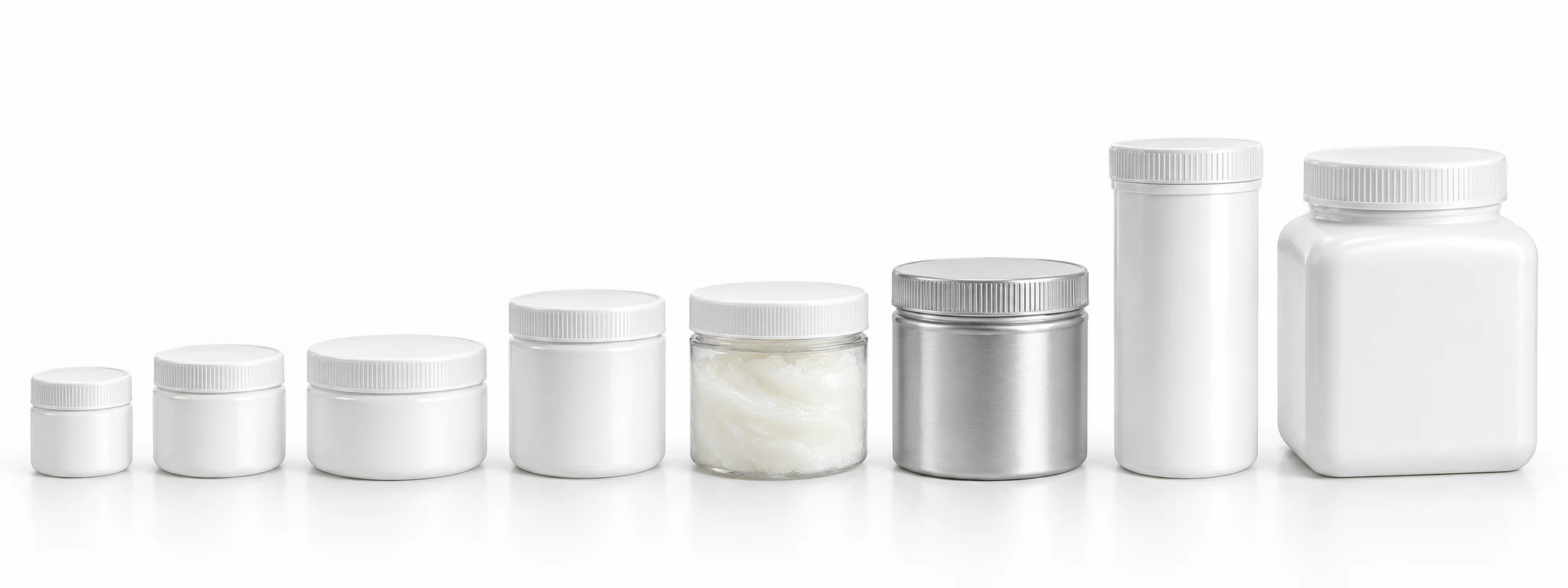 Eight lubricant jars arranged from 30 grams to 1,000 grams