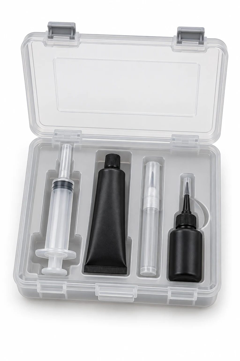 3D Printer Maintenance Kit with individually closed lubricant containers in a fitted case