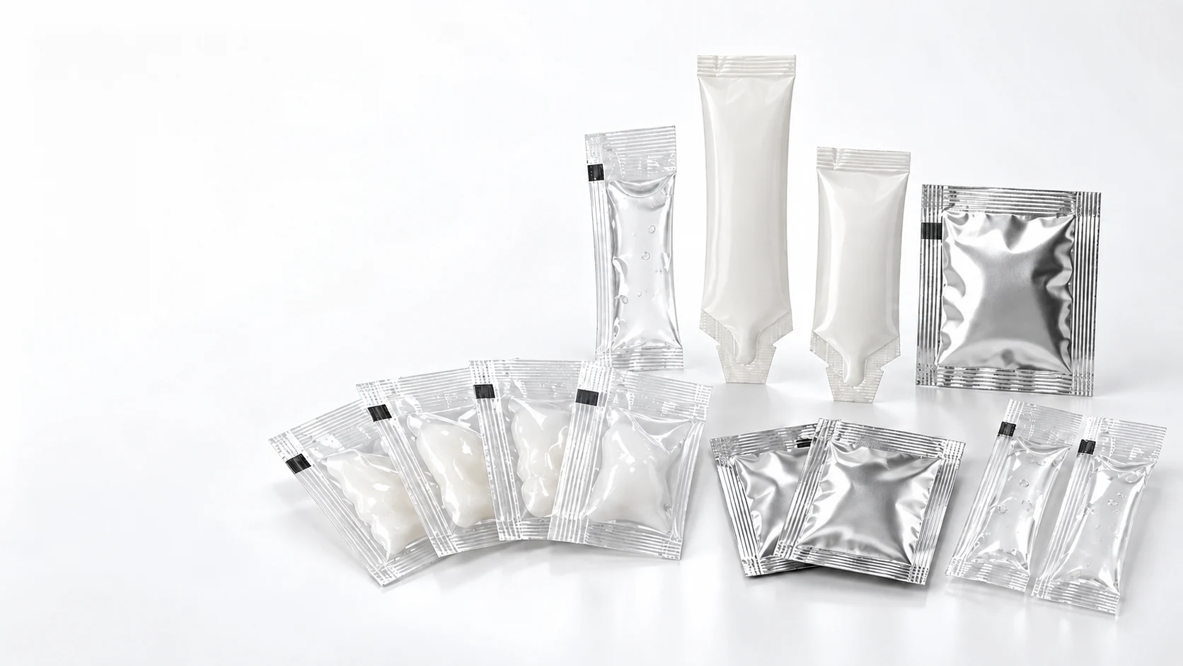 Small lubricant sachet packaging in transparent, shaped and foil formats