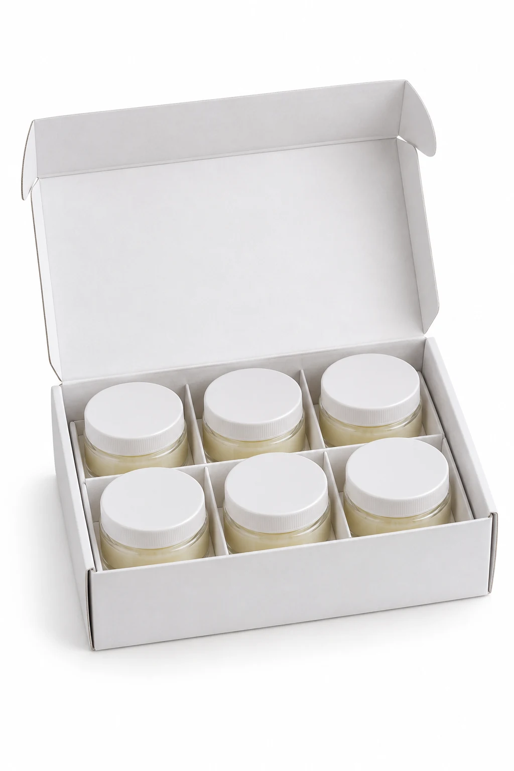 Six individually capped grease sample jars in a white divided carton