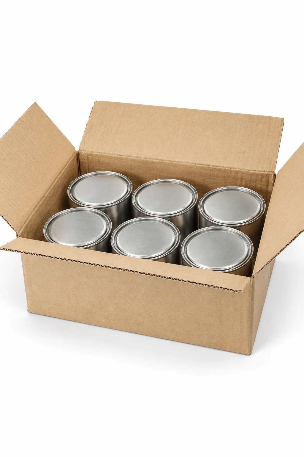 Open white corrugated shipping carton holding six metal grease cans