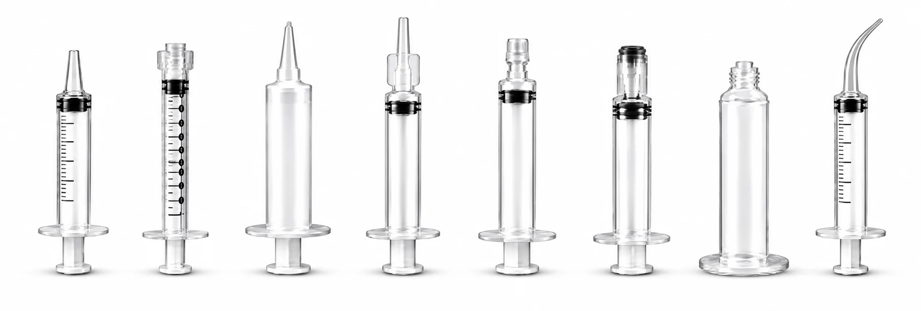 Eight transparent industrial syringe and dispensing barrel formats