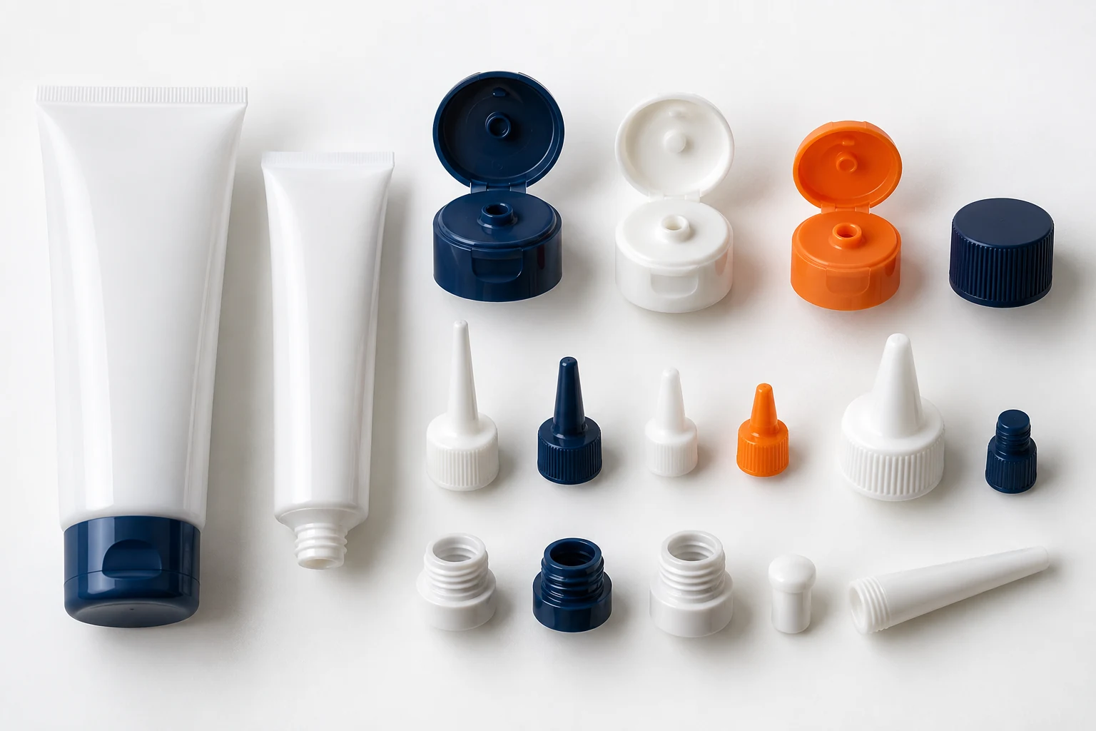 Real plastic tube caps, necks and applicator nozzle options