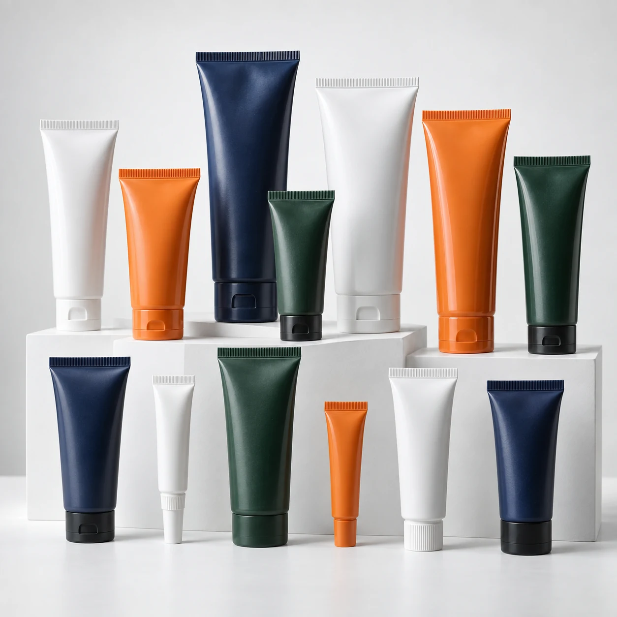 Real plastic lubricant tube collection posed on studio display blocks